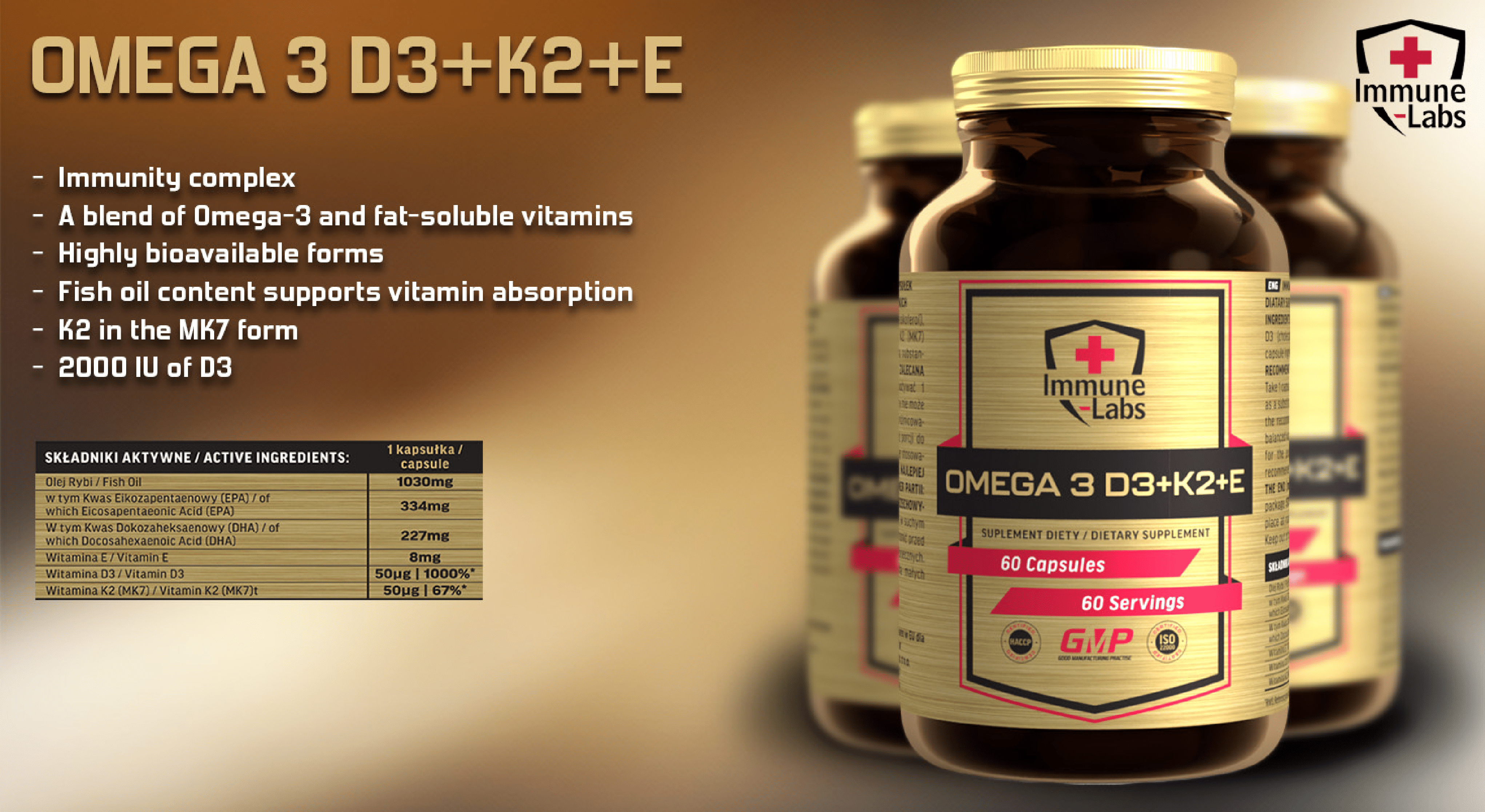Immune Labs Omega 3 D3+K2+E - 60 Caps